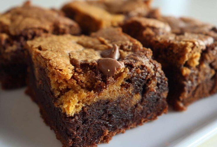 A close-up of a perfectly layered square of Brookies, showing a dense chocolate brownie base topped with a lighter cookie layer and a melted chocolate chip.