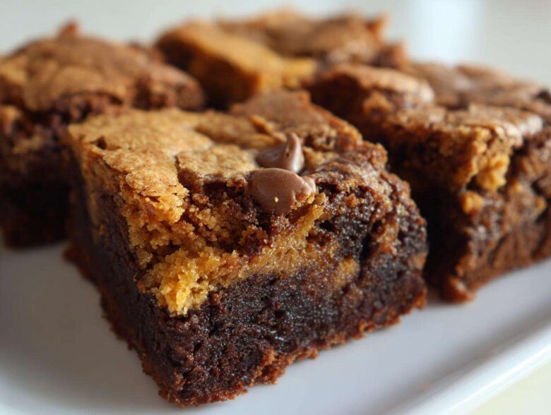 A close-up of a perfectly layered square of Brookies, showing a dense chocolate brownie base topped with a lighter cookie layer and a melted chocolate chip.
