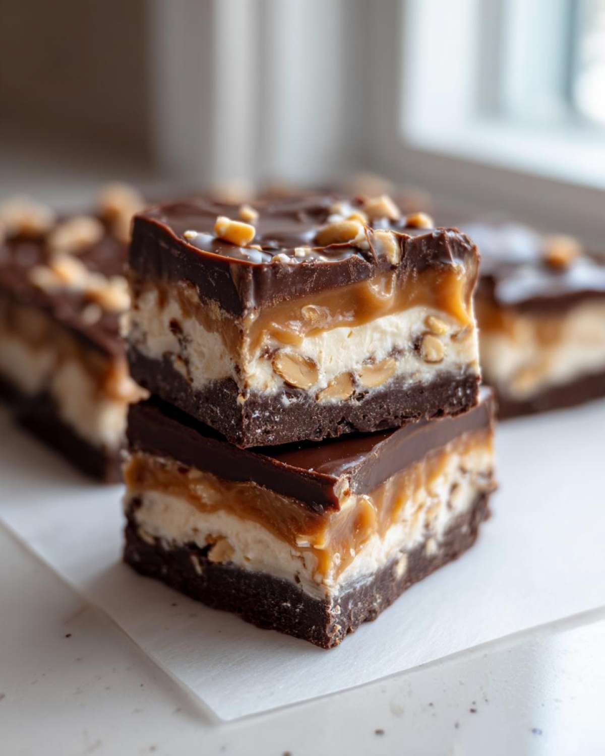 Two stacked squares of rich Snickers Fudge showing distinct layers: chocolate base, nougat, caramel, chocolate topping with peanuts.