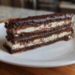 A rich slice of Lazy Cat Cake showing layers of dark chocolate crumb, white cream, and chocolate ganache topping.