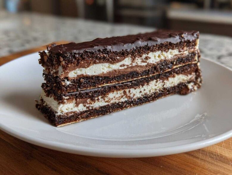 A rich slice of Lazy Cat Cake showing layers of dark chocolate crumb, white cream, and chocolate ganache topping.