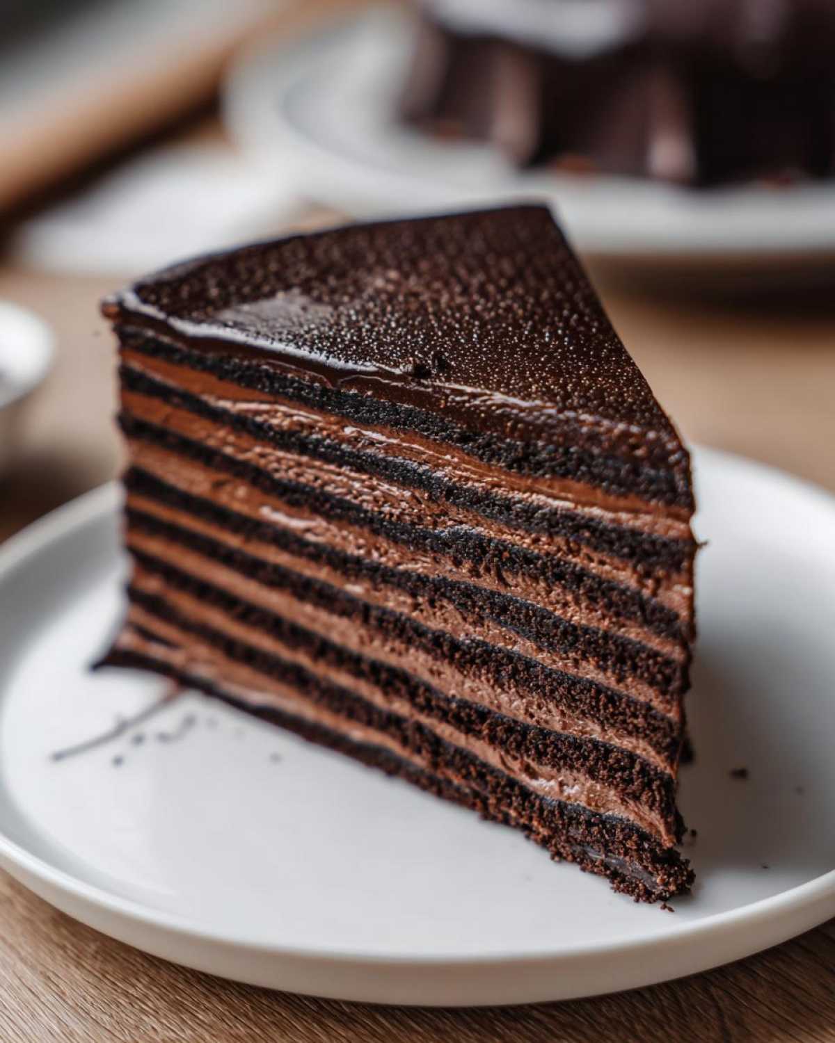 A tall, decadent slice of Lazy Cat Cake showing many thin layers of dark chocolate cake and cream filling.