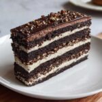 A tall, rectangular slice of Lazy Cat Cake showing multiple layers of dark chocolate cake and cream filling, topped with ganache and nuts.