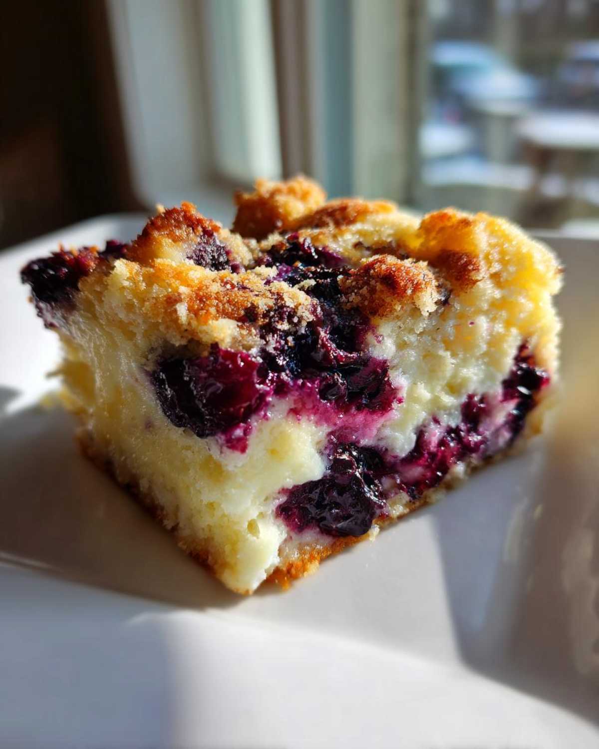 Close-up of a moist slice of Lemon Blueberry Cheesecake Dump Cake showing layers of creamy filling and baked blueberries.