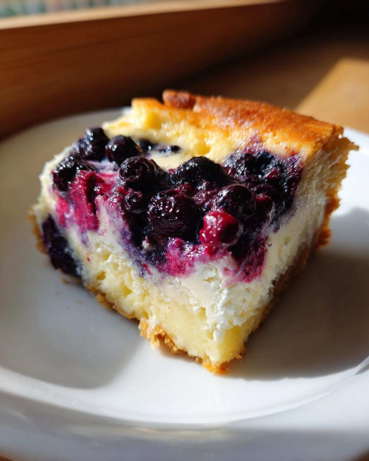 Close-up of a perfect slice of Lemon Blueberry Cheesecake Dump Cake with a golden crust and rich berry topping.