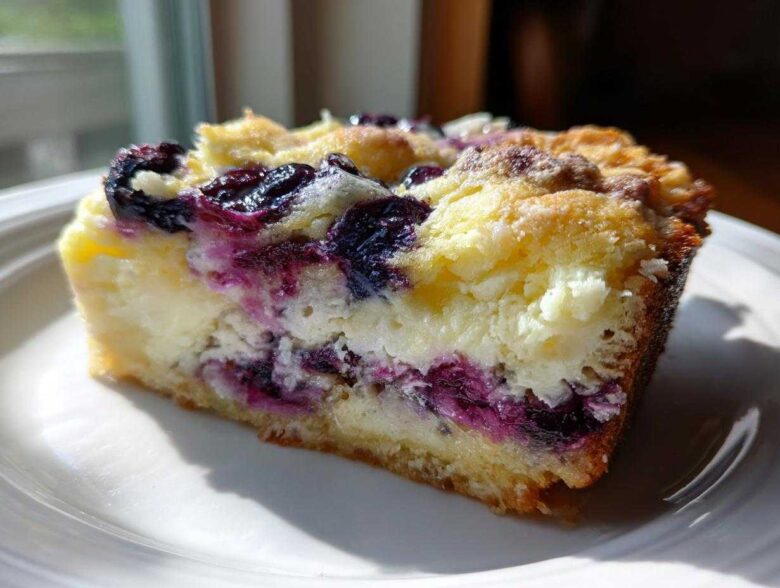 A close-up slice of Lemon Blueberry Cheesecake Dump Cake showing layers of crust, creamy cheesecake filling, and bright blueberries.
