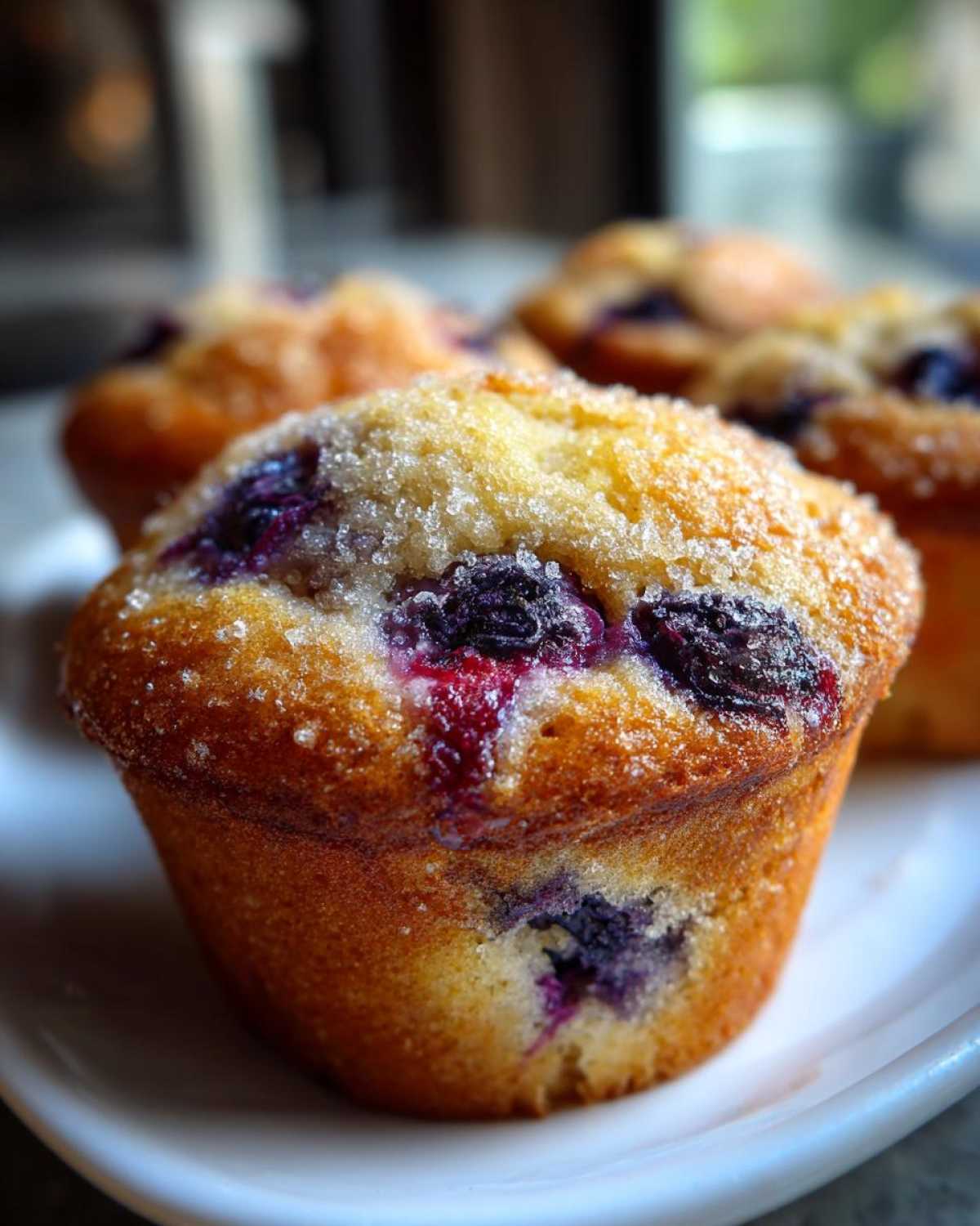 A close-up, shallow depth-of-field photo of a freshly baked Lemon Blueberry Muffin topped with coarse sugar.