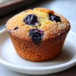 Close-up of a golden brown Lemon Blueberry Muffins, topped with coarse sugar crystals and bursting blueberries.
