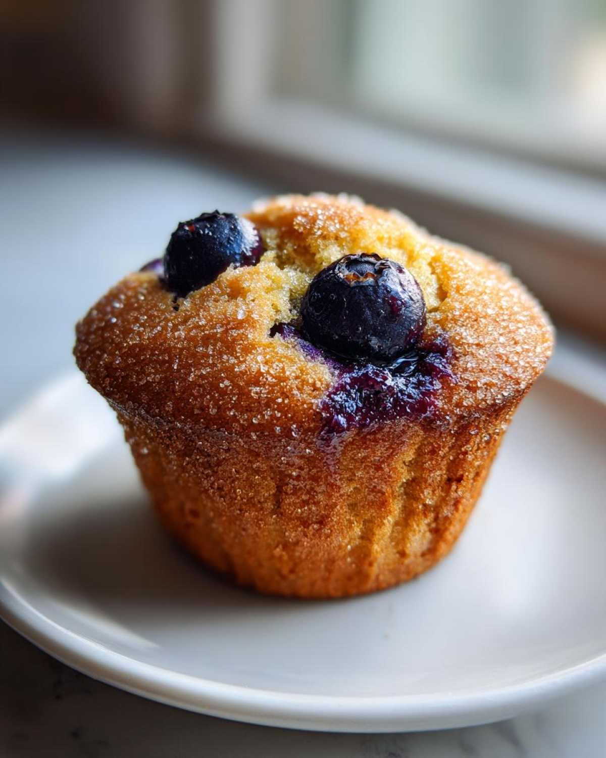 Close-up of a perfectly baked Lemon Blueberry Muffins, topped with coarse sugar and whole blueberries.