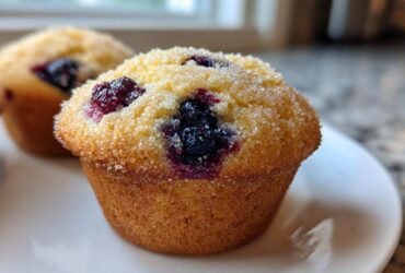 Close-up of a freshly baked Lemon Blueberry Muffin topped with coarse sugar.