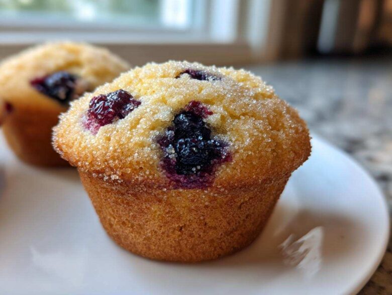 Close-up of a freshly baked Lemon Blueberry Muffin topped with coarse sugar.