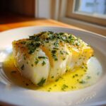 A thick, flaky piece of Lemon Butter Baked Cod resting in a pool of melted butter sauce and topped with fresh parsley.