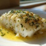 A close-up of a flaky white cod fillet baked and served in rich lemon butter sauce, topped with herbs.