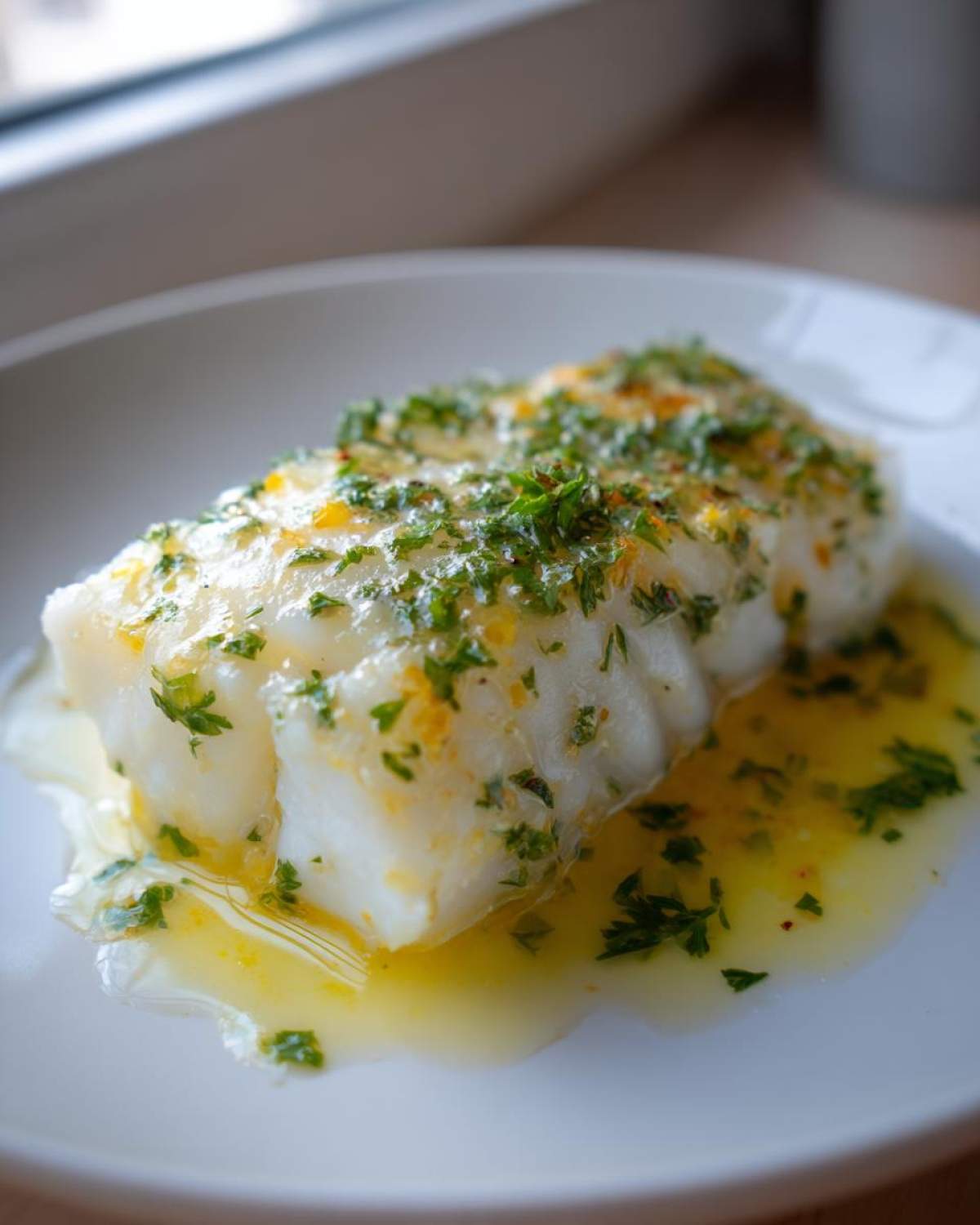 A close-up of a flaky white fillet of Lemon Butter Baked Cod topped with melted butter sauce and fresh green parsley.