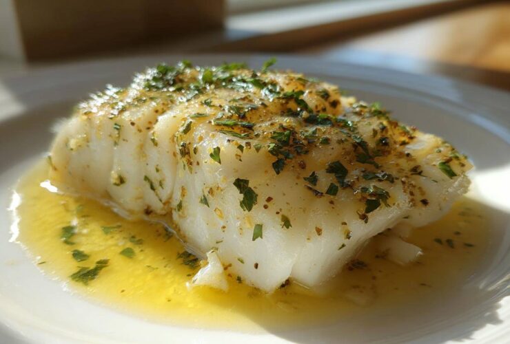 A close-up of a flaky white cod fillet baked and served in rich lemon butter sauce, topped with herbs.