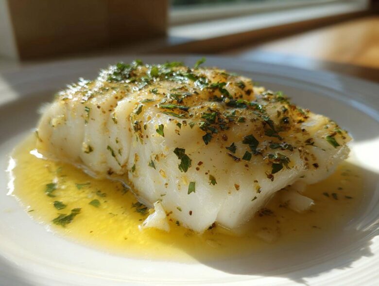 A close-up of a flaky white cod fillet baked and served in rich lemon butter sauce, topped with herbs.