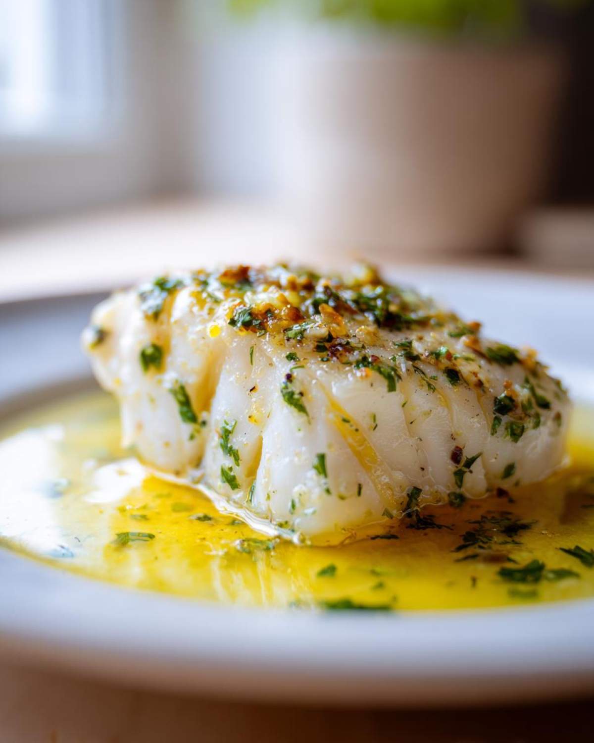 Close-up of a flaky white cod fillet swimming in bright lemon butter sauce, topped with herbs.