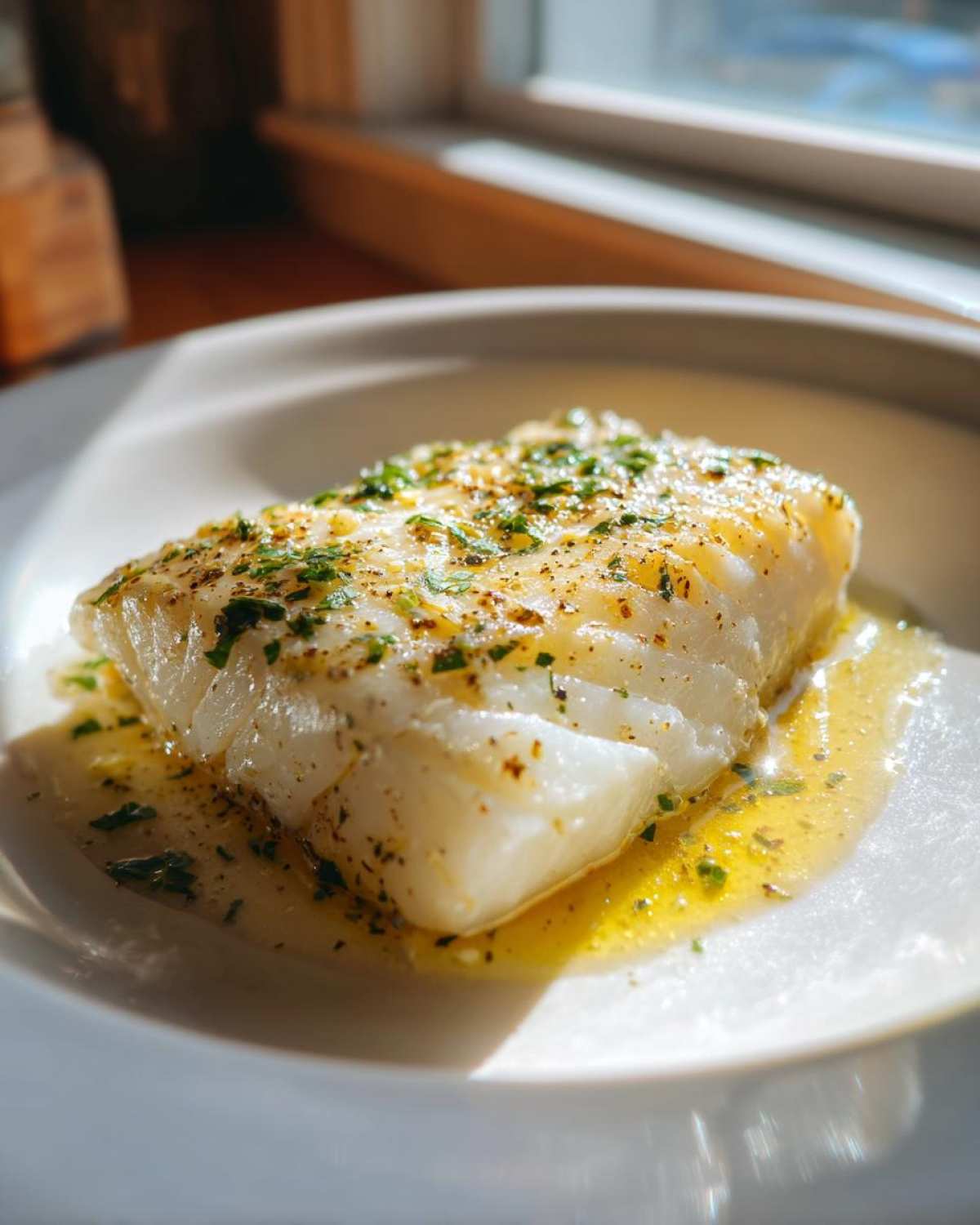 A close-up of a flaky white cod fillet smothered in lemon garlic butter sauce and fresh parsley.