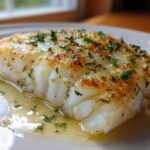 Close-up of a flaky, pan-seared Lemon Garlic Butter Cod fillet swimming in butter sauce and topped with parsley.