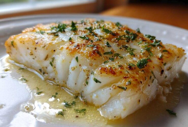 Close-up of a flaky, pan-seared Lemon Garlic Butter Cod fillet swimming in butter sauce and topped with parsley.