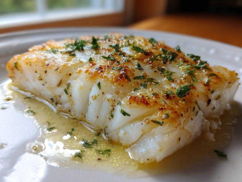 Close-up of a flaky, pan-seared Lemon Garlic Butter Cod fillet swimming in butter sauce and topped with parsley.
