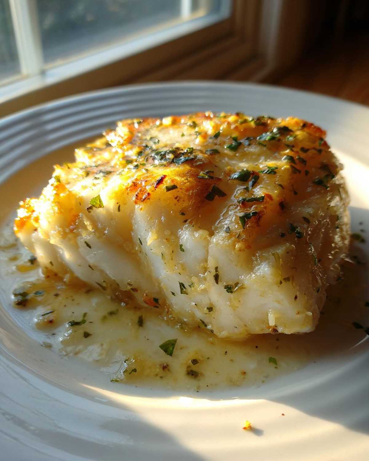A close-up of a thick, flaky cod fillet covered in glistening lemon garlic butter sauce and fresh parsley.