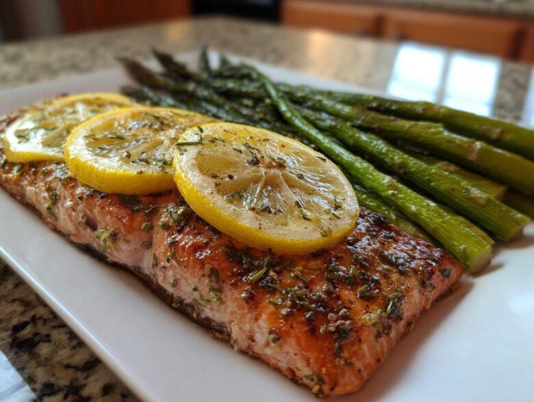 A perfectly cooked salmon fillet topped with lemon slices and herbs, served alongside roasted asparagus, demonstrating one of the High Protein Meals That Melt Belly Fat Fast.