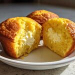 Close-up of a Lemon Muffins Cream Cheese Filling Soft, cut in half to show the bright yellow cake and creamy white filling.
