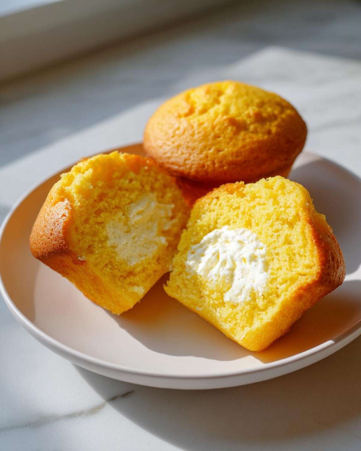 Close-up of soft Lemon Muffins Cream Cheese Filling, showing one muffin cut in half revealing the rich filling.