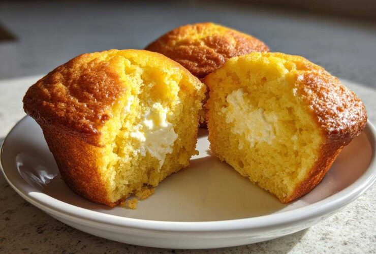 Close-up of a Lemon Muffins Cream Cheese Filling Soft, cut in half to show the bright yellow cake and creamy white filling.