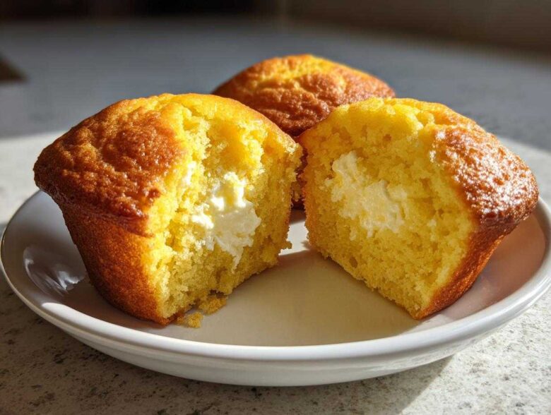 Close-up of a Lemon Muffins Cream Cheese Filling Soft, cut in half to show the bright yellow cake and creamy white filling.