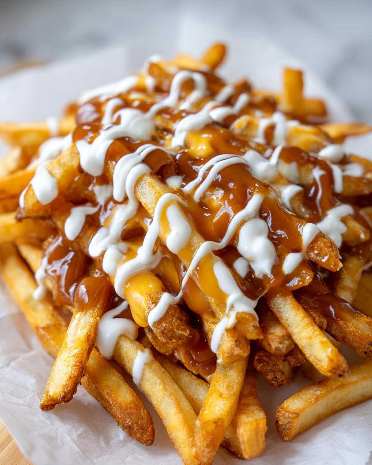A close-up of golden french fries loaded with cheese sauce, brown gravy, and a white drizzle, resembling Louisiana Voodoo Fries.