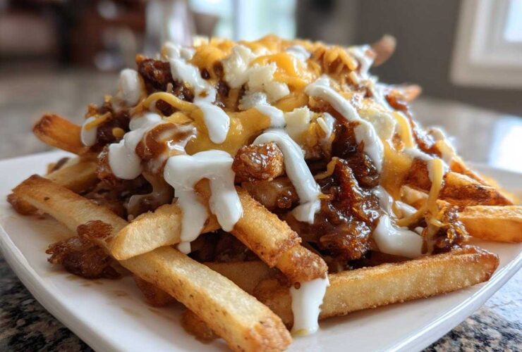 A close-up of loaded Louisiana Voodoo Fries Wingstop copycat, featuring french fries topped with gravy, cheese, and a white sauce.