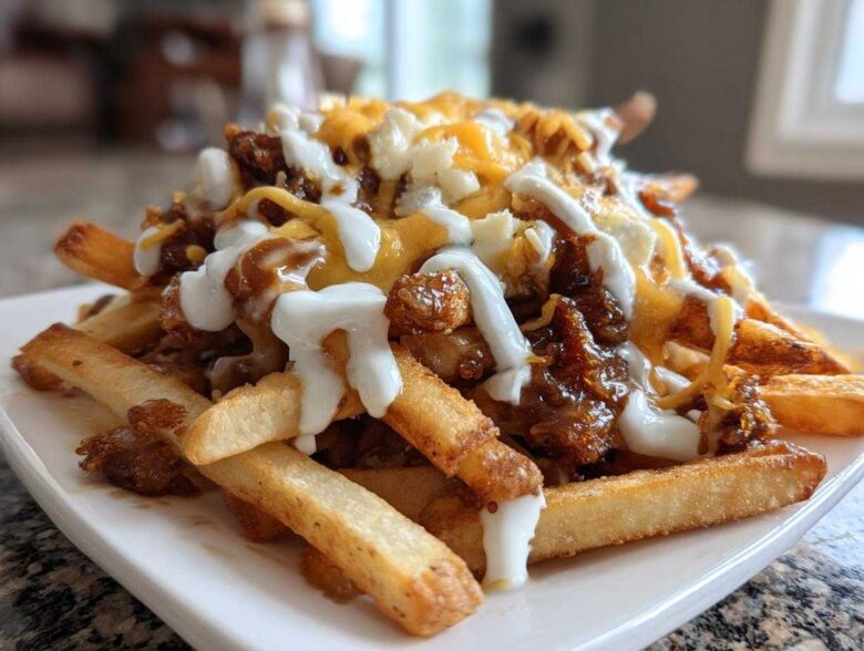 A close-up of loaded Louisiana Voodoo Fries Wingstop copycat, featuring french fries topped with gravy, cheese, and a white sauce.