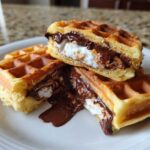 A close-up of a Marshmallow Chocolate Lava Waffle Bomb cut in half, showing melted chocolate and gooey marshmallow filling spilling out.