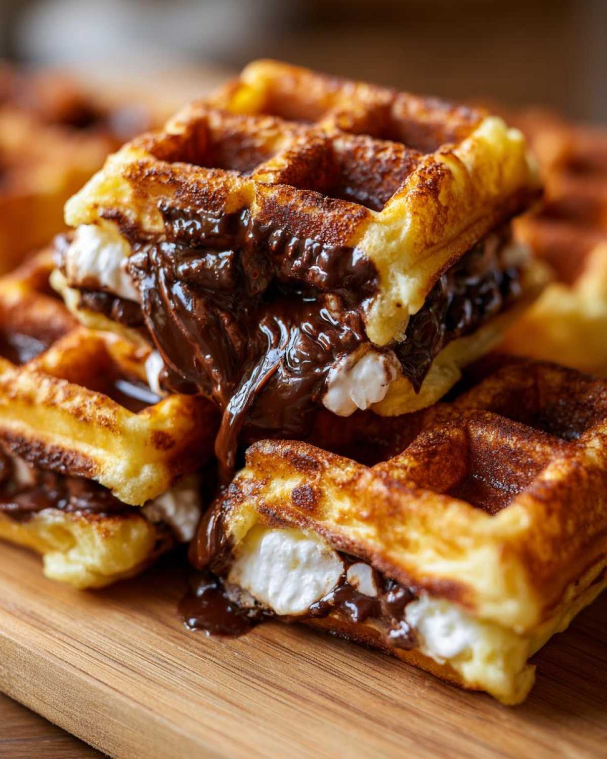 Close-up of stacked Marshmallow Chocolate Lava Waffle Bomb halves oozing melted chocolate and marshmallows.