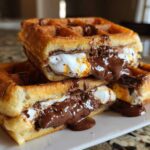 Two stacked Marshmallow Chocolate Lava Waffle Bombs oozing melted chocolate and toasted marshmallow.