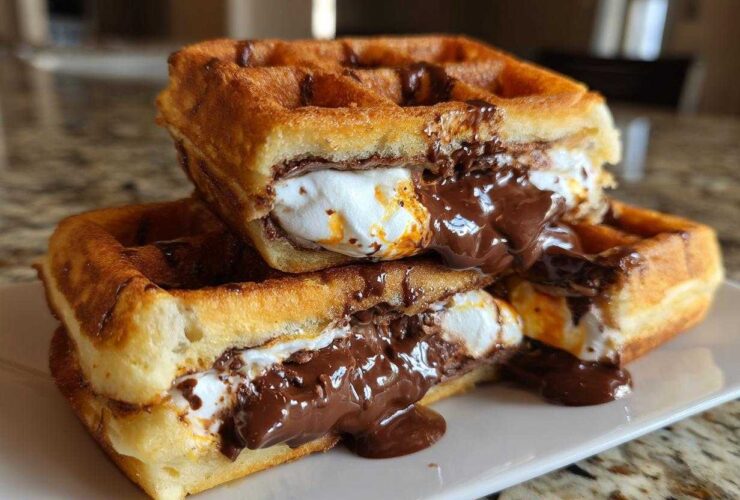 Two stacked Marshmallow Chocolate Lava Waffle Bombs oozing melted chocolate and toasted marshmallow.