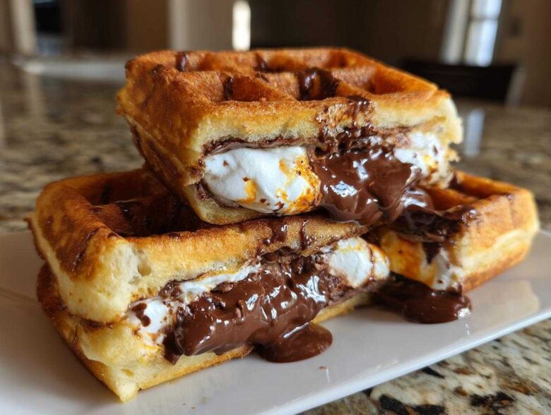 Two stacked Marshmallow Chocolate Lava Waffle Bombs oozing melted chocolate and toasted marshmallow.