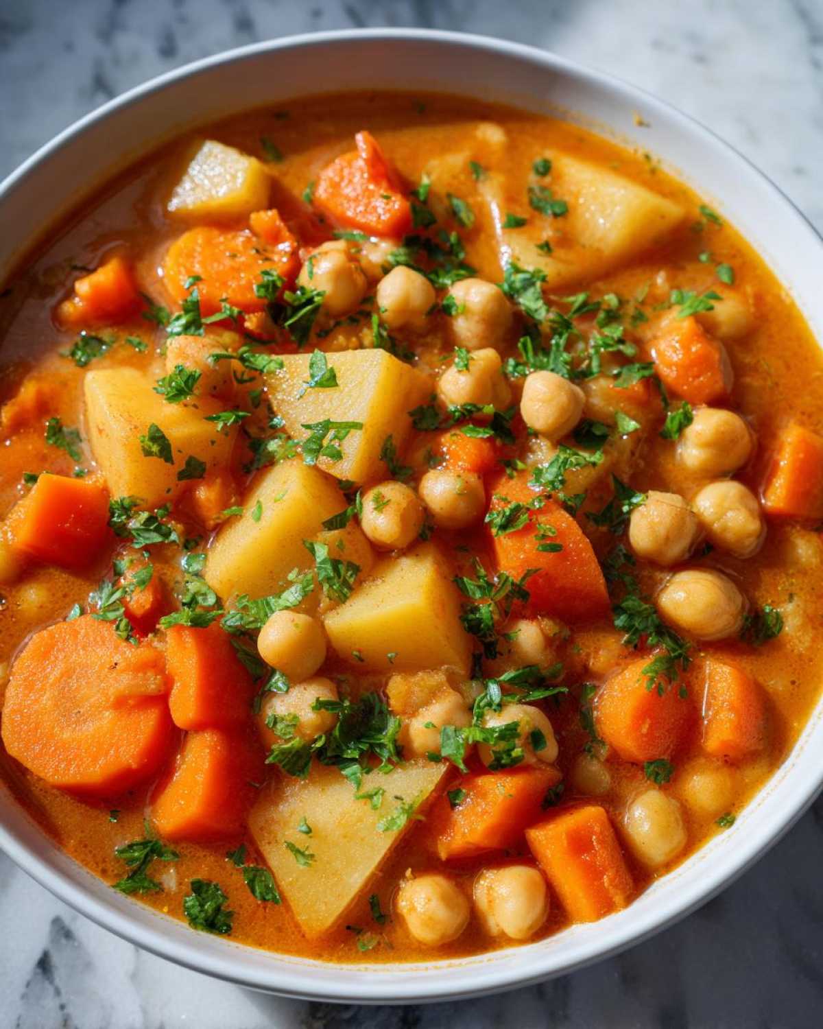 Close-up of a rich, orange broth soup featuring large chunks of potato, carrots, and chickpeas, garnished with fresh parsley, perfect for Mastering Chickpea Potato Soup.