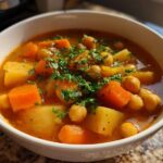 A close-up of a white bowl filled with rich, orange broth, potatoes, carrots, and chickpeas, topped with fresh parsley, showcasing Mastering Chickpea Potato Soup.