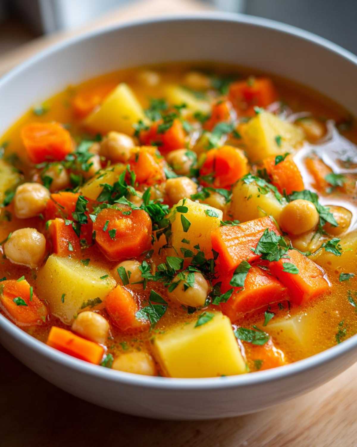 Close-up of a bowl of vibrant Chickpea Potato Soup, featuring chunks of potato, carrot, and chickpeas, topped with fresh parsley.
