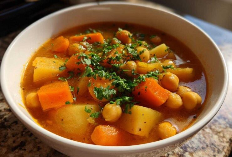 A close-up of a white bowl filled with rich, orange broth, potatoes, carrots, and chickpeas, topped with fresh parsley, showcasing Mastering Chickpea Potato Soup.