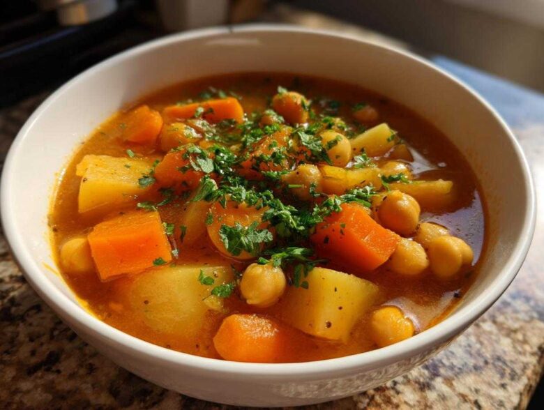 A close-up of a white bowl filled with rich, orange broth, potatoes, carrots, and chickpeas, topped with fresh parsley, showcasing Mastering Chickpea Potato Soup.