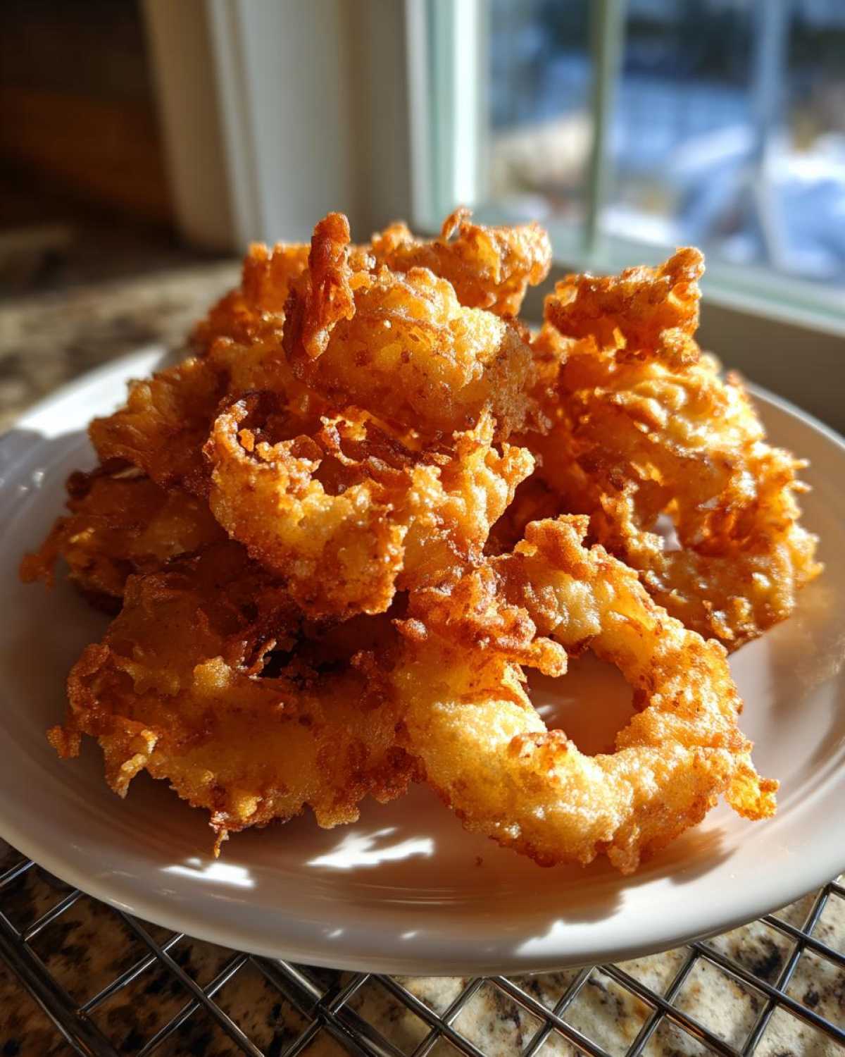 A close-up of a mound of golden brown, extra crispy Onion Rings Extra Crispy piled high on a white plate.