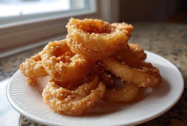 A close-up stack of golden brown, perfectly fried Onion Rings Extra Crispy resting on a white plate.