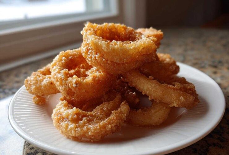 A close-up stack of golden brown, perfectly fried Onion Rings Extra Crispy resting on a white plate.