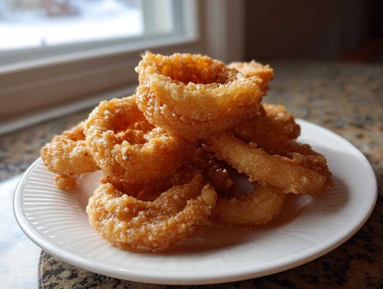 A close-up stack of golden brown, perfectly fried Onion Rings Extra Crispy resting on a white plate.
