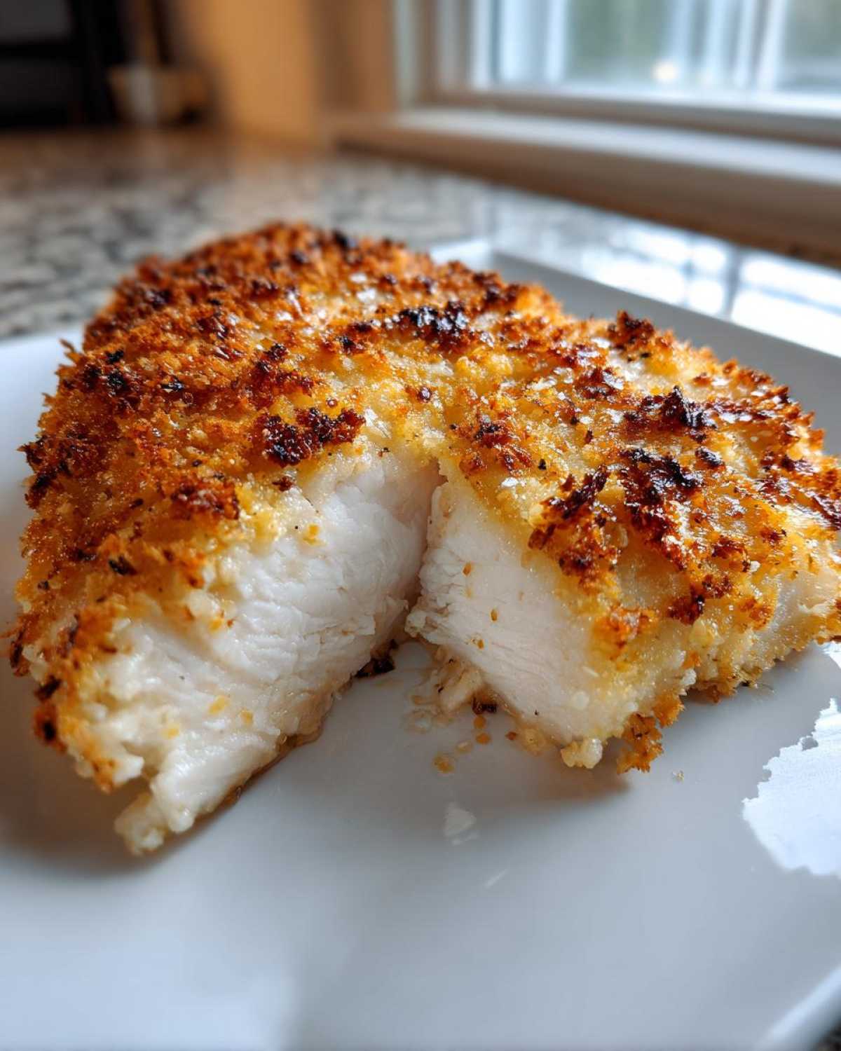 Close-up of Parmesan Baked Caesar Chicken cut in half showing moist white interior and crispy golden crust.