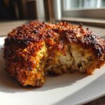 Close-up of a piece of Parmesan Baked Caesar Chicken showing a golden, crispy crust and moist white interior.